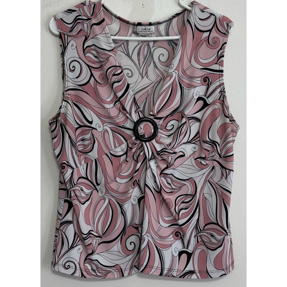 CDW Women's Sleeveless V-Neck Blouse XL Pink Black White Abstract Swirl
